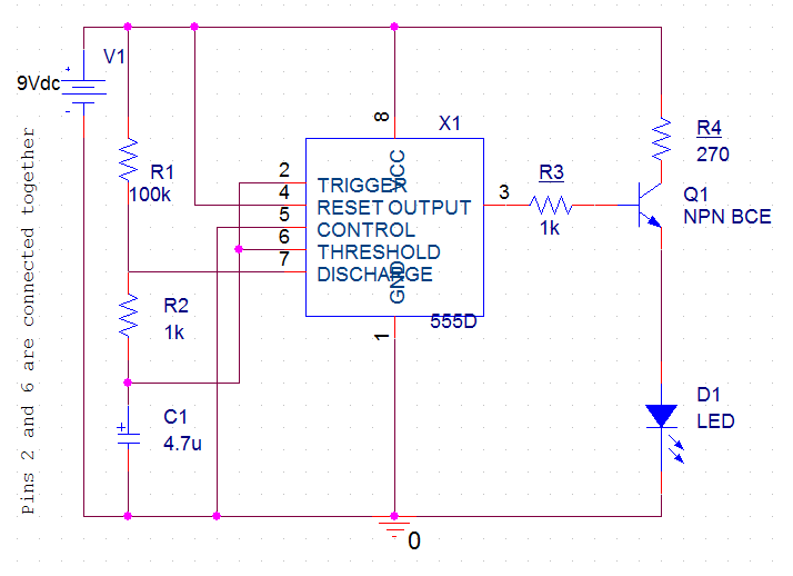 This is a PSpice schematic of our 555 timer-driven flasher circuit. Please note that wire junctions are denoted by a pink dot. If wires cross each other where there's not a pink dot, those wires aren't connected!